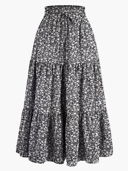 Gonna lunga donna elegante a vita alta con volant, stile primavera estate, ideale per tempo libero e uscite
