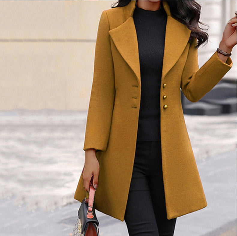 Elegant Women's Mid-Length Black Coat with Gold Buttons