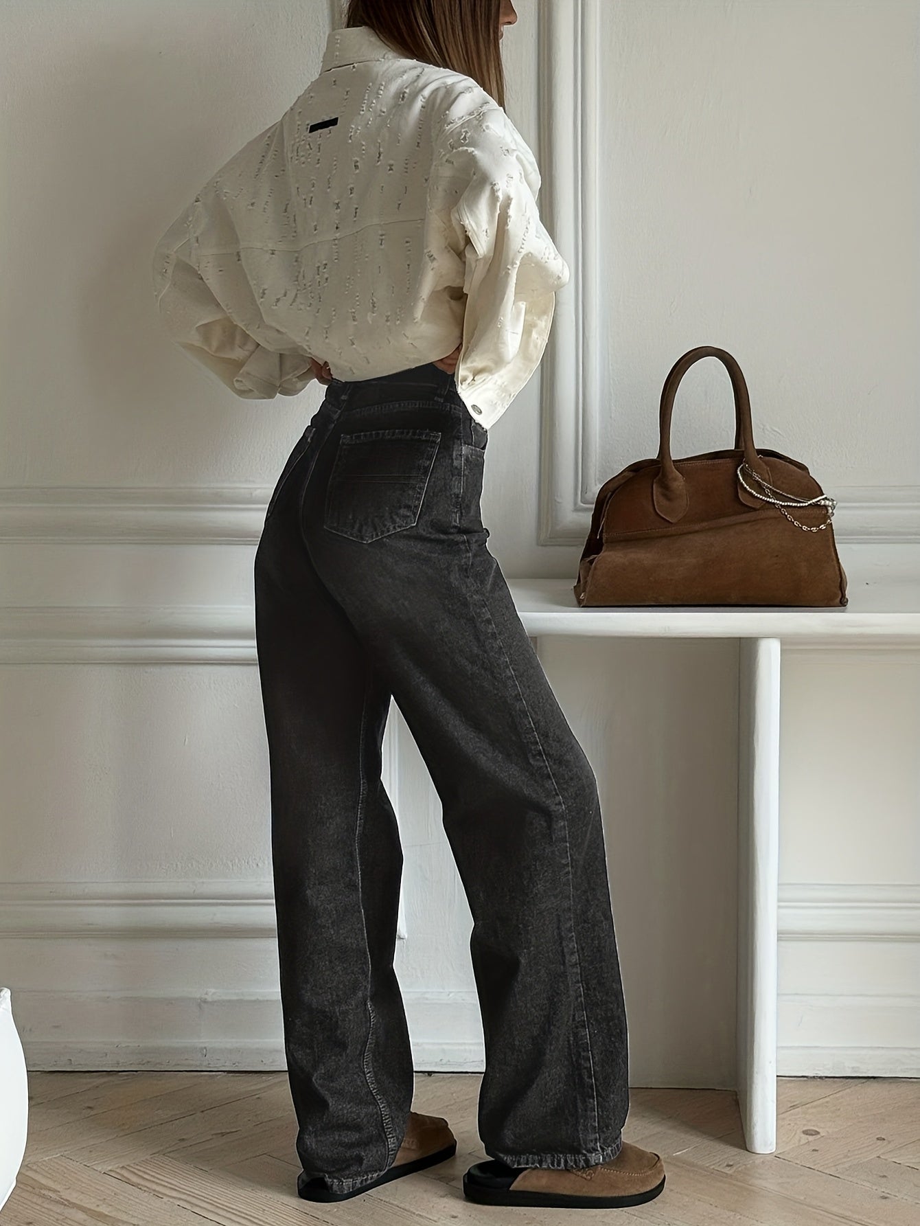 Jean large délavé taille haute Femme bleu ou gris coupe droite