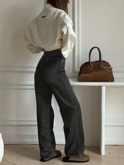 Jean large délavé taille haute Femme bleu ou gris coupe droite