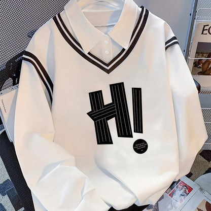 Sweat-shirt Blanc Col Chemise Noir et Blanc Imprimé "HI"