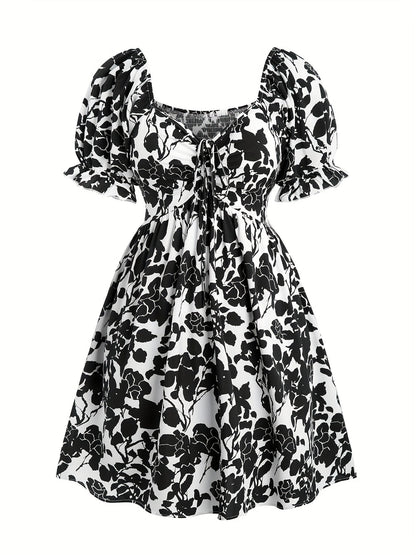 Robe d'été élégante à manches bouffantes pour femme, style floral ample, col en V, idéale pour les vacances