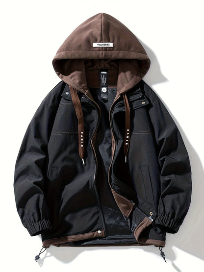 Veste Homme Coupe-Vent avec Capuche Intégrée Amovible Style Décontracté Noir Marron