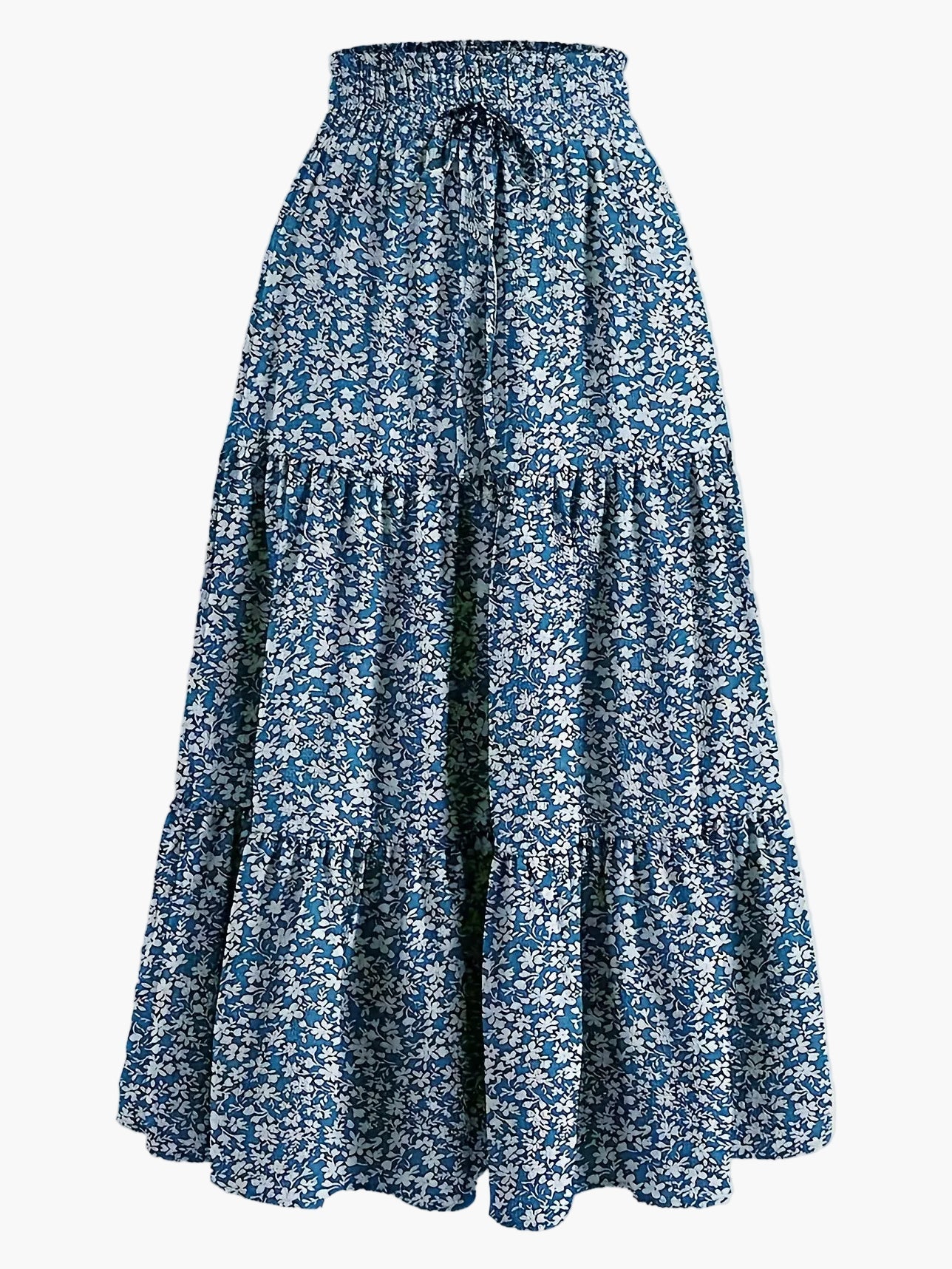 Gonna lunga donna elegante a vita alta con volant, stile primavera estate, ideale per tempo libero e uscite