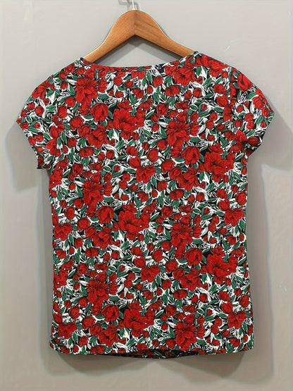 Blouse femme élégante à manches courtes style floral chic pour usage quotidien ou bureau