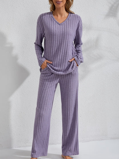 Ensemble détente côtelé Femme col V, pantalon large et haut manches longues