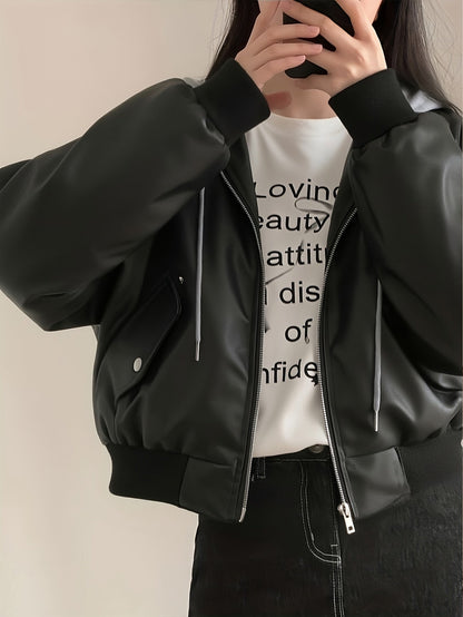 Blouson Bomber Femme Noir avec Capuche Grise Amovible Style Sport Chic