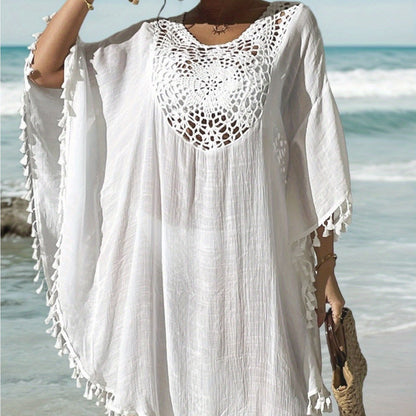 Tunique de plage femme style poncho bohème chic avec crochet et franges - idéal par-dessus maillot