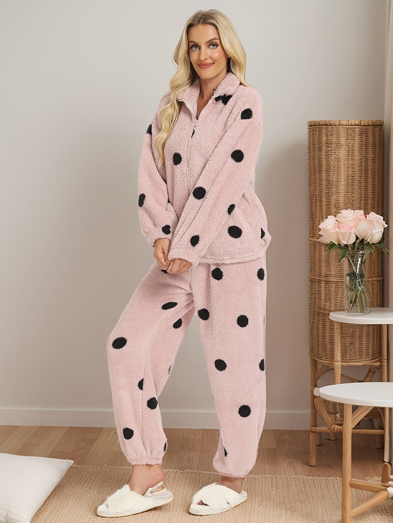 Pyjama Femme Doux Polaire Motif Pois Manches Longues Zip Intégral