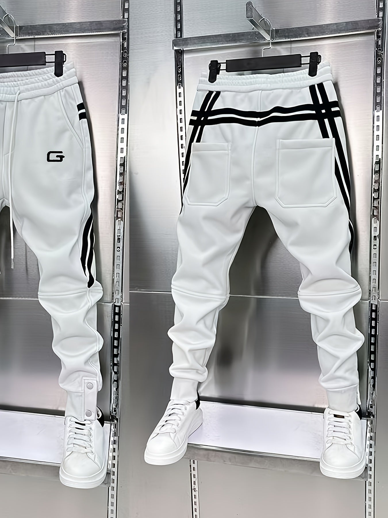 Pantalon de jogging homme avec cordon de serrage, rayures latérales et boutons pression, coupe fuselée