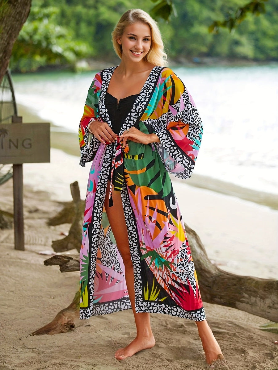 Kimono largo de playa para mujer estilo tropical gráfico y animal print - Ideal para vacaciones y la costa