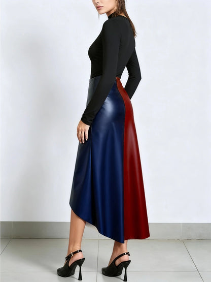 Jupe longue asymétrique femme à blocs de couleurs finition brillante