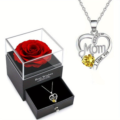 Collier Femme Pendentif Coeur 'Mom' avec Rose Éternelle – Cadeau Élégant pour la Fête des Mères
