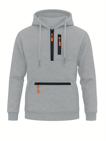 Sweat à Capuche Homme Mi-Zip avec Poches Zippées Devant Kaki