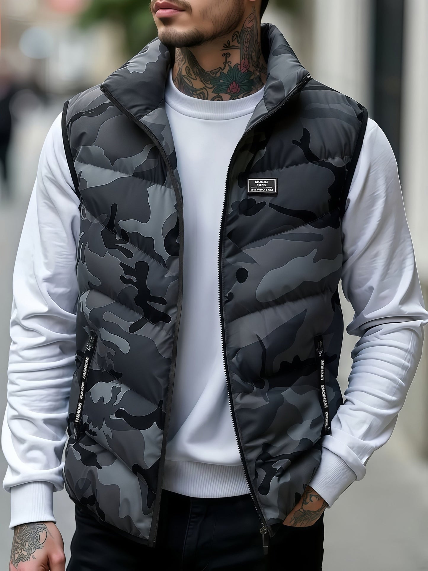 Gilet matelassé homme sans manches à motif camouflage militaire vert