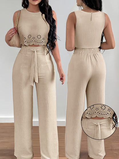 Ensemble deux pièces femme style élégant crop top découpé et pantalon taille haute ample pour printemps/été
