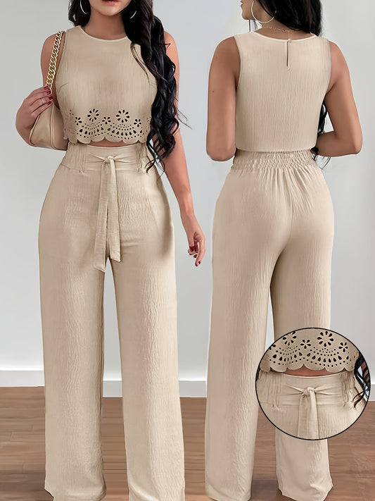 Ensemble deux pièces femme style élégant crop top découpé et pantalon taille haute ample pour printemps/été