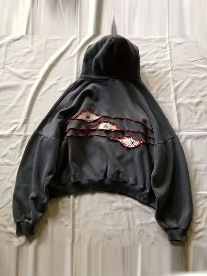 Sweat à Capuche Gris Anthracite Ample avec Motifs Yeux Stylisés