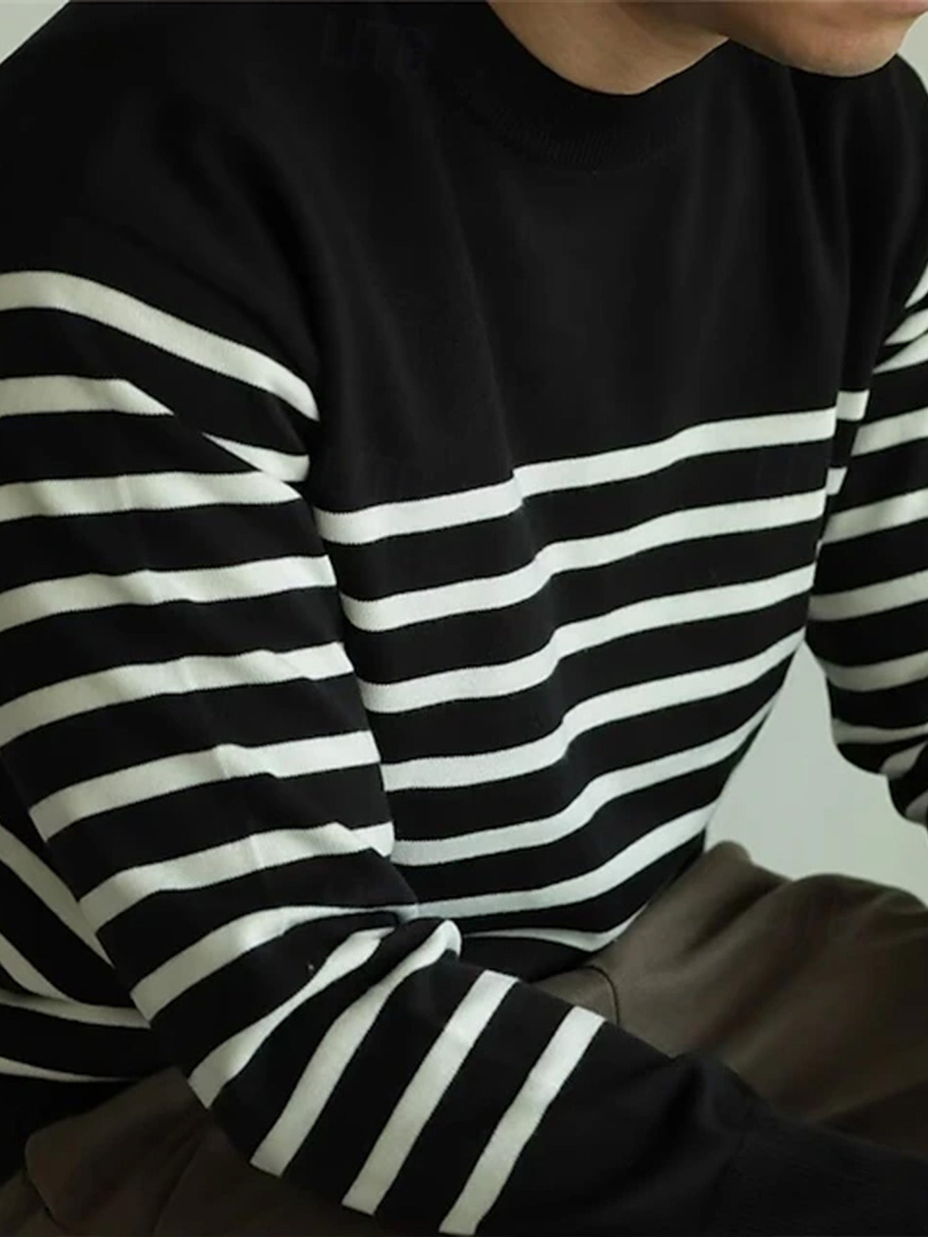 Pull Homme Marinière Col Rond Rayé Manches Longues Noir Blanc