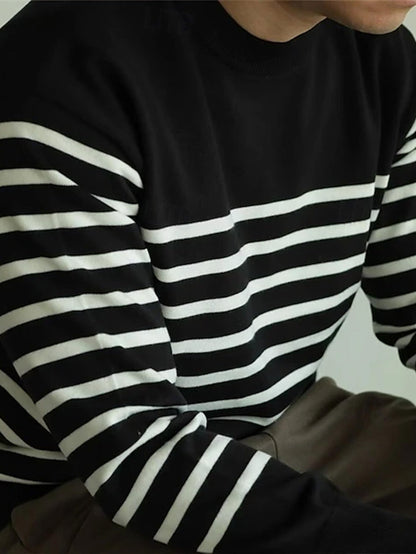 Pull Homme Marinière Col Rond Rayé Manches Longues Noir Blanc
