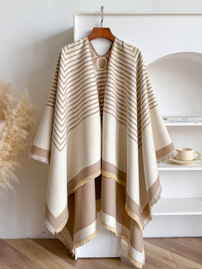 Women's Striped Fringe Trim Open Front Wrap Poncho Cape