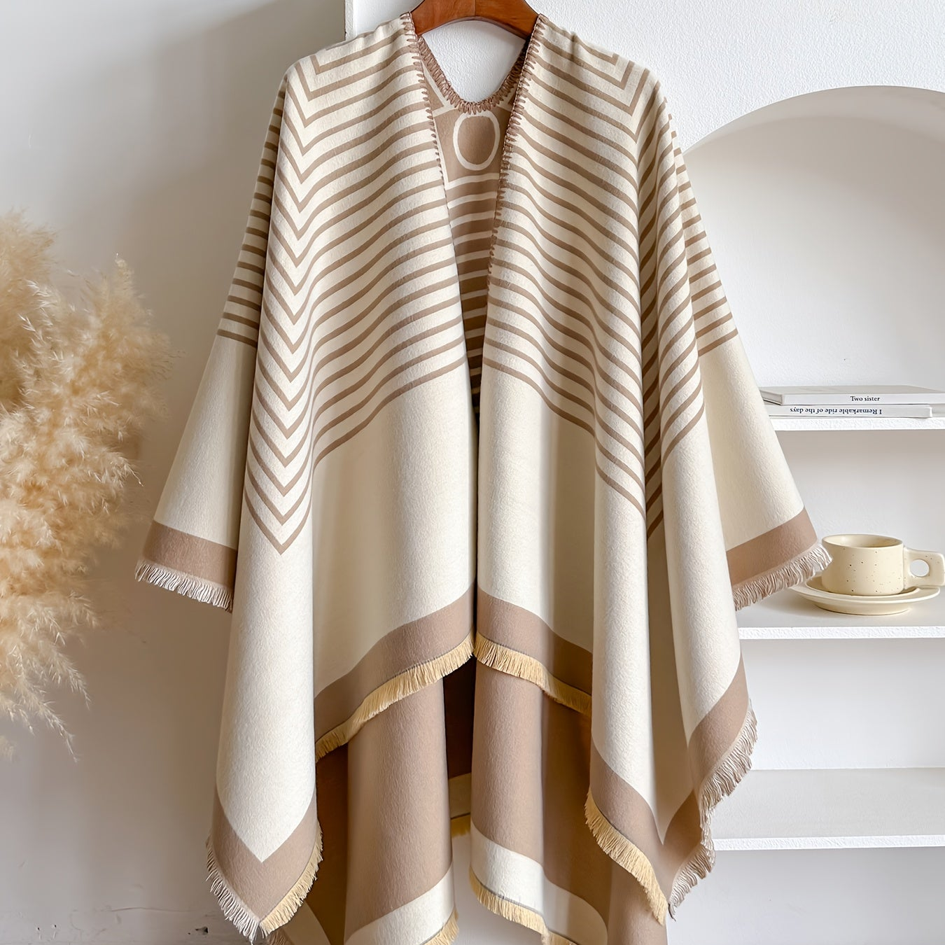 Women's Striped Fringe Trim Open Front Wrap Poncho Cape
