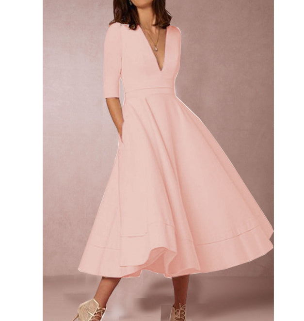 Elegantes Damen-Midikleid im Vintage-Stil mit halblangen Ärmeln für Hochzeit oder Abendveranstaltung