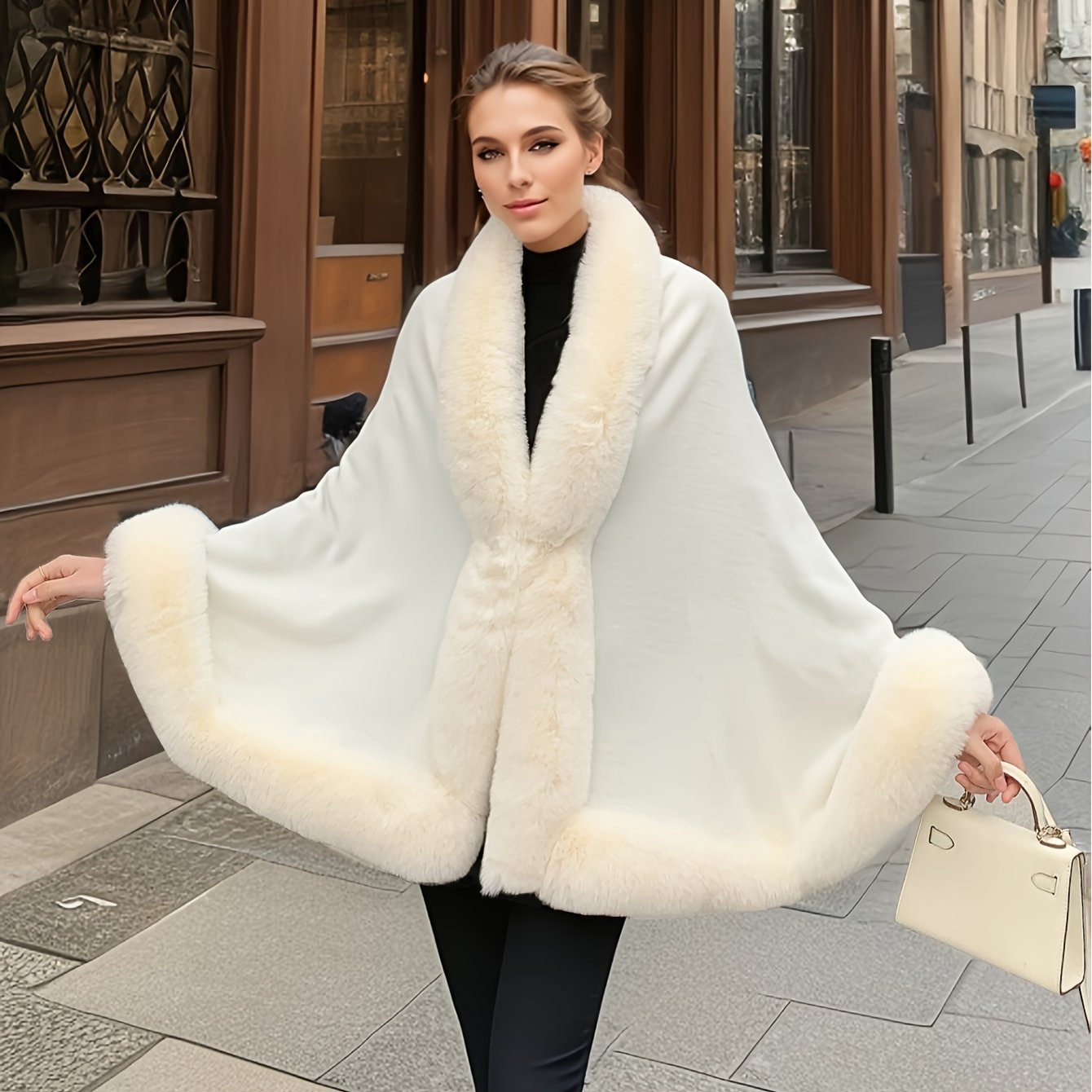 Cape poncho femme ample avec col et bordures en fausse fourrure pour hiver élégant