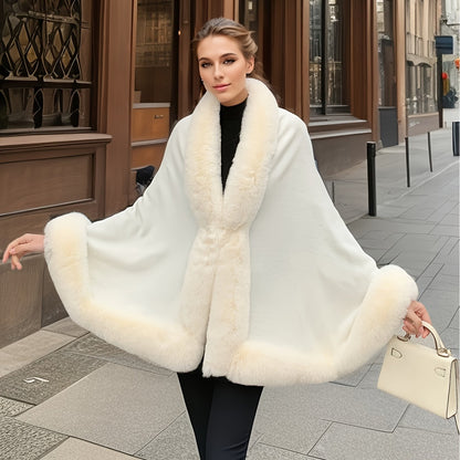 Cape poncho femme ample avec col et bordures en fausse fourrure pour hiver élégant