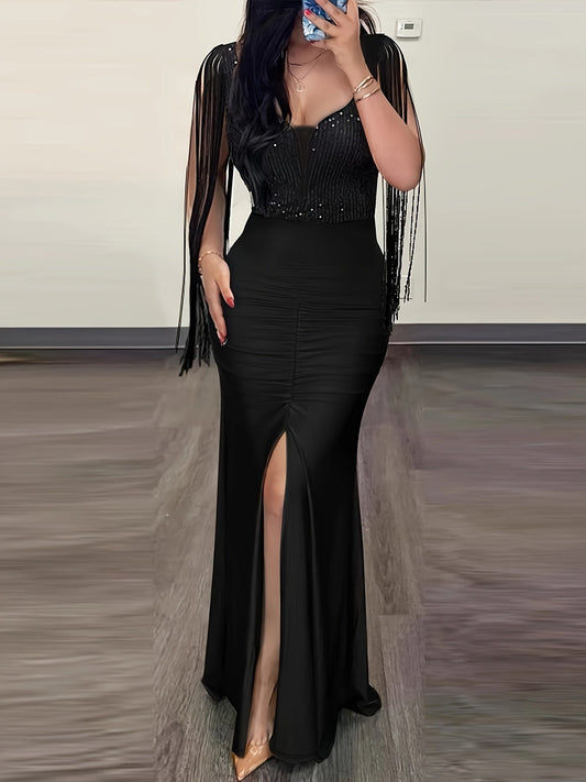Vestido largo ajustado elegante con flecos para mujer – noche, cóctel, evento especial