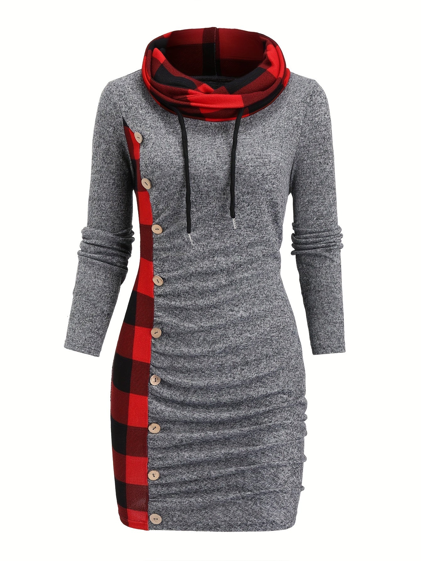 Robe Pull Courte Femme avec Col Cheminée et Motif Carreaux Bicolores