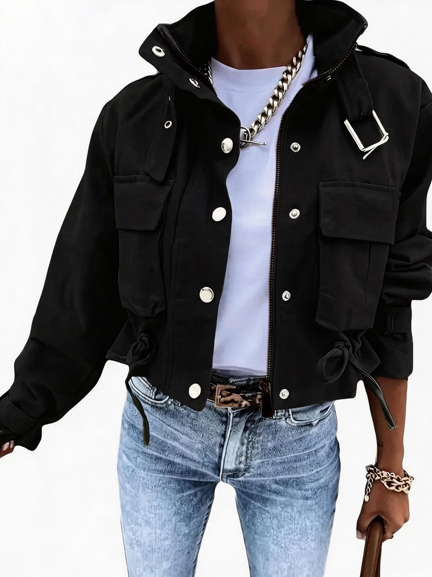 Veste Courte Cargo pour Femme à Boutons et Ceinture Boucle Couleur Unie