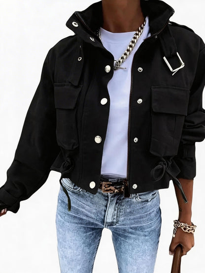 Veste Courte Cargo pour Femme à Boutons et Ceinture Boucle Couleur Unie