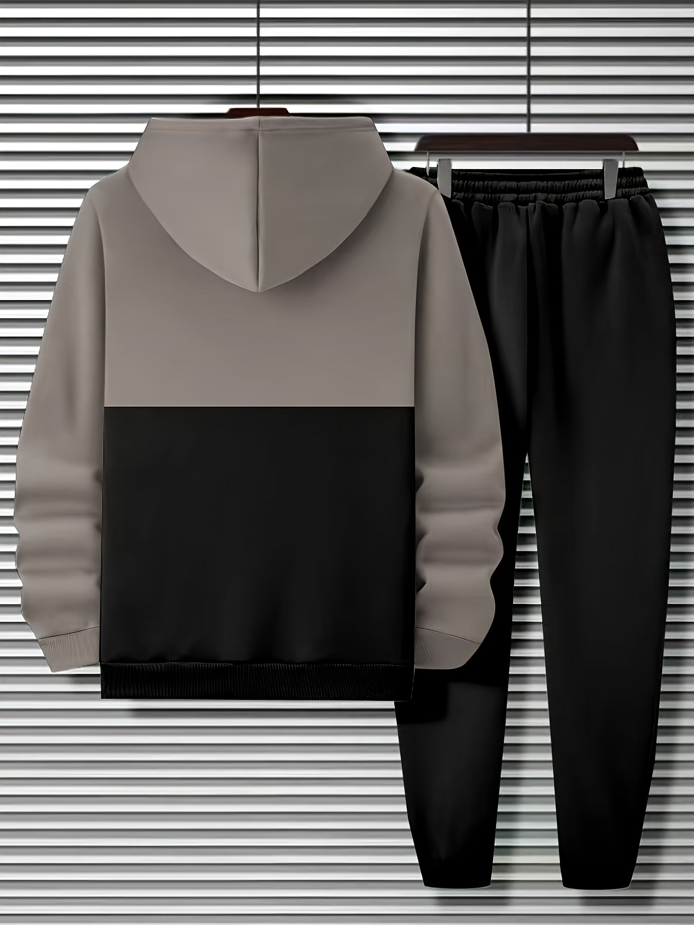 Ensemble Survêtement Homme Bicolore à Capuche et Bandes Horizontales Gris et Noir