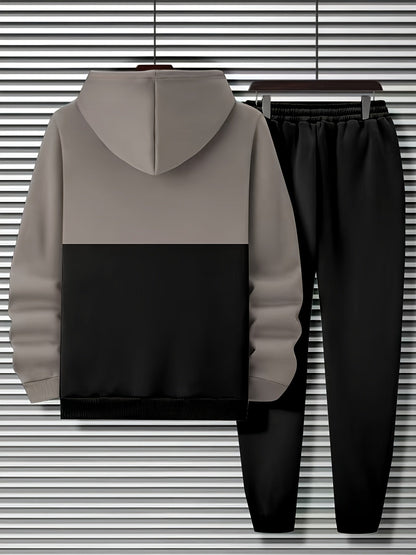 Ensemble Survêtement Homme Bicolore à Capuche et Bandes Horizontales Gris et Noir