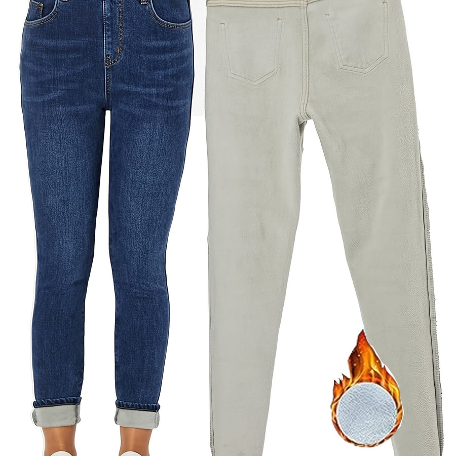Jeans slim da donna blu, foderati, termici e morbidi per l’inverno