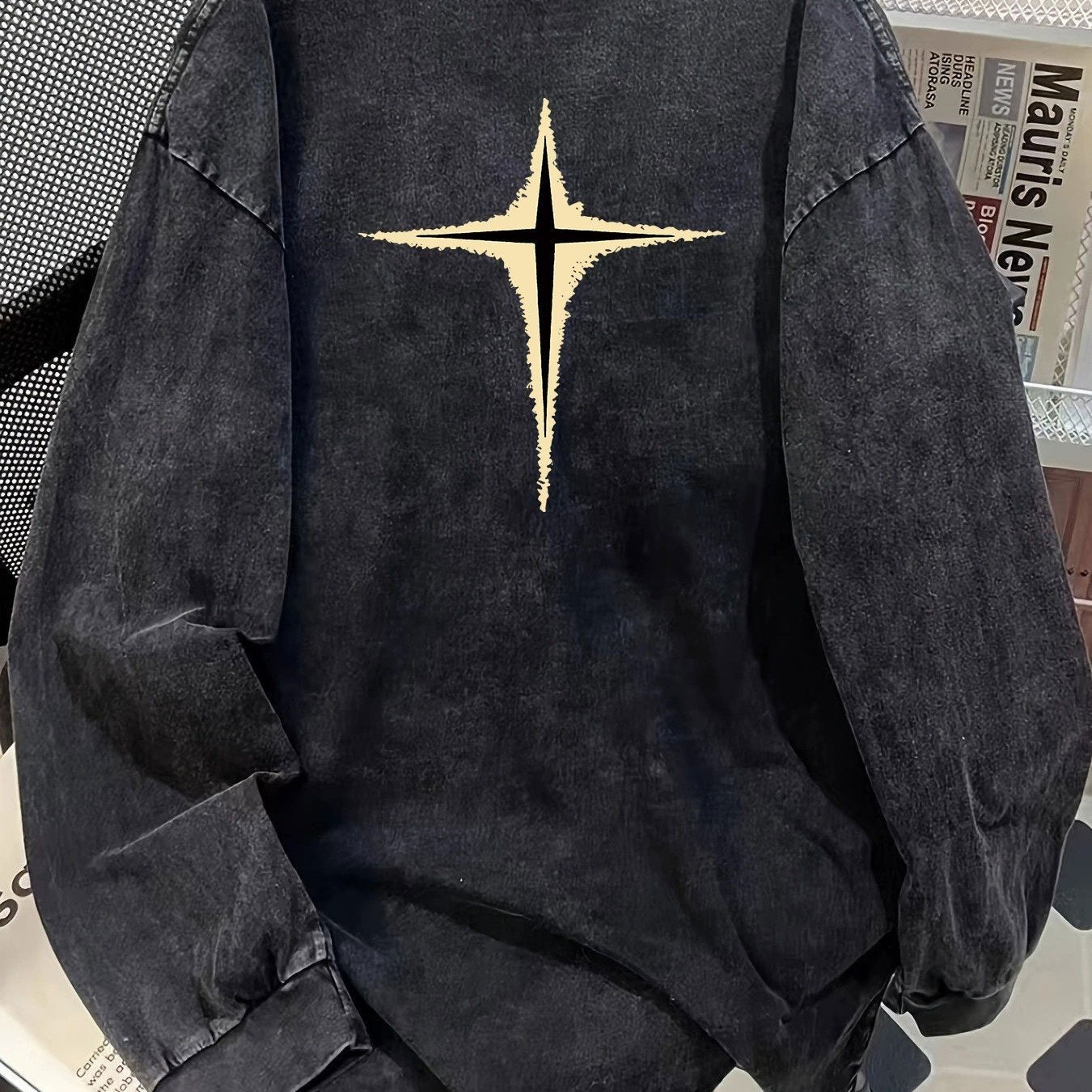 Sweat-shirt Unisexe Noir Délavé Manches Longues Motif Étoile Style Décontracté