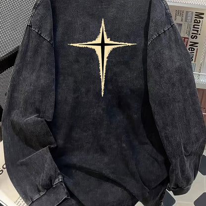 Sweat-shirt Unisexe Noir Délavé Manches Longues Motif Étoile Style Décontracté