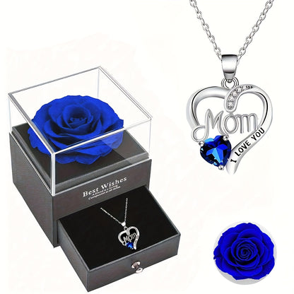 Collier Femme Pendentif Coeur 'Mom' avec Rose Éternelle – Cadeau Élégant pour la Fête des Mères