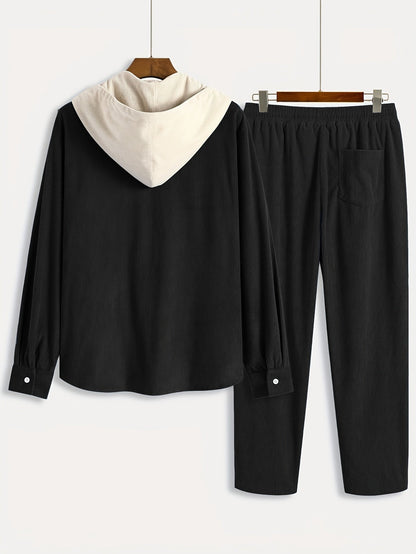 Ensemble Homme Côtelé Chemise à Capuche et Pantalon Couleur Unie
