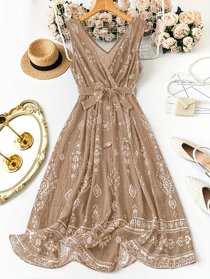 Vestido largo bohemio para mujer con estampado damasco y cinturón, estilo vintage chic