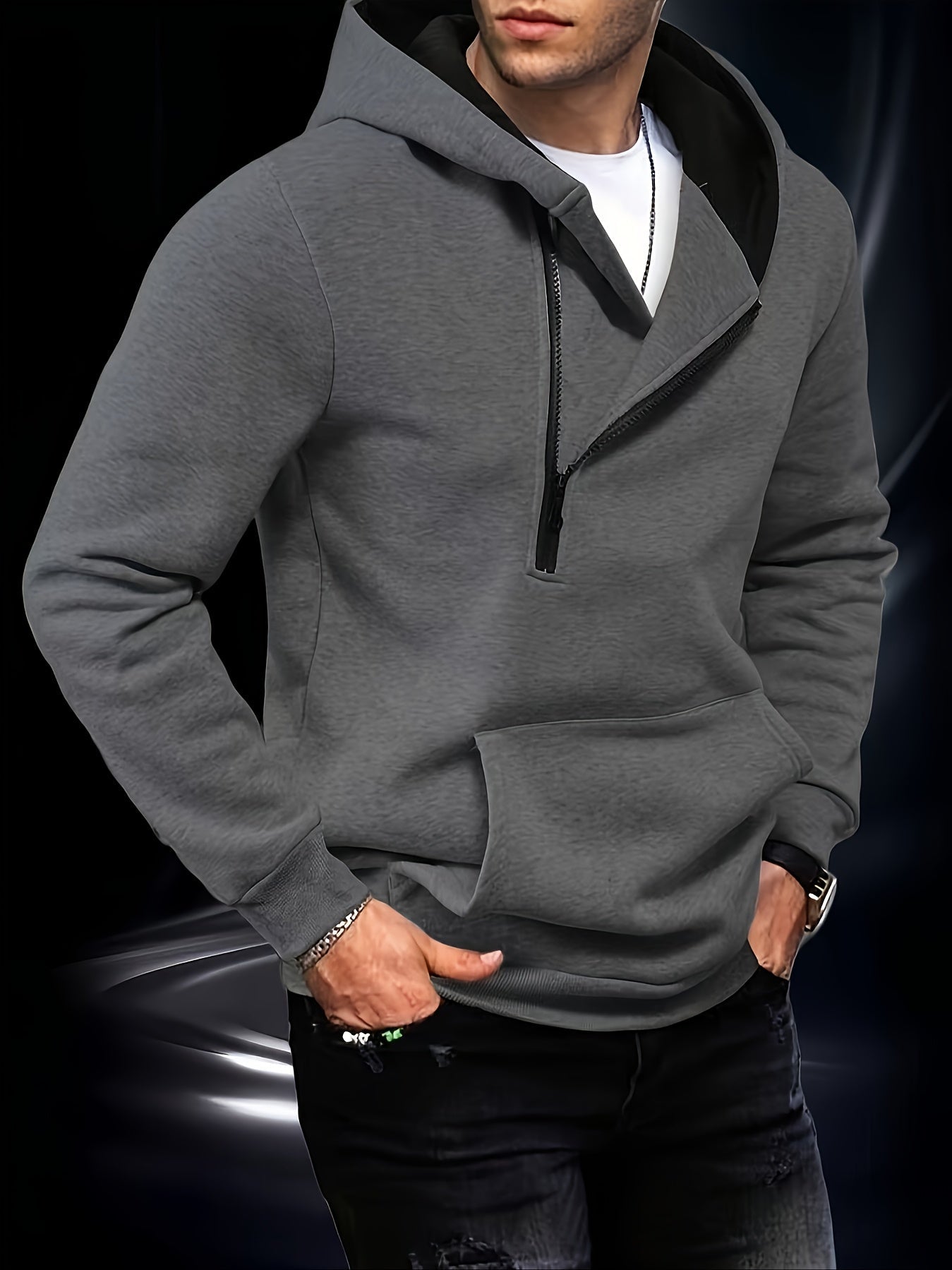 Sweat à Capuche Homme Zippé Asymétrique Couleur Unie avec Poche Kangourou