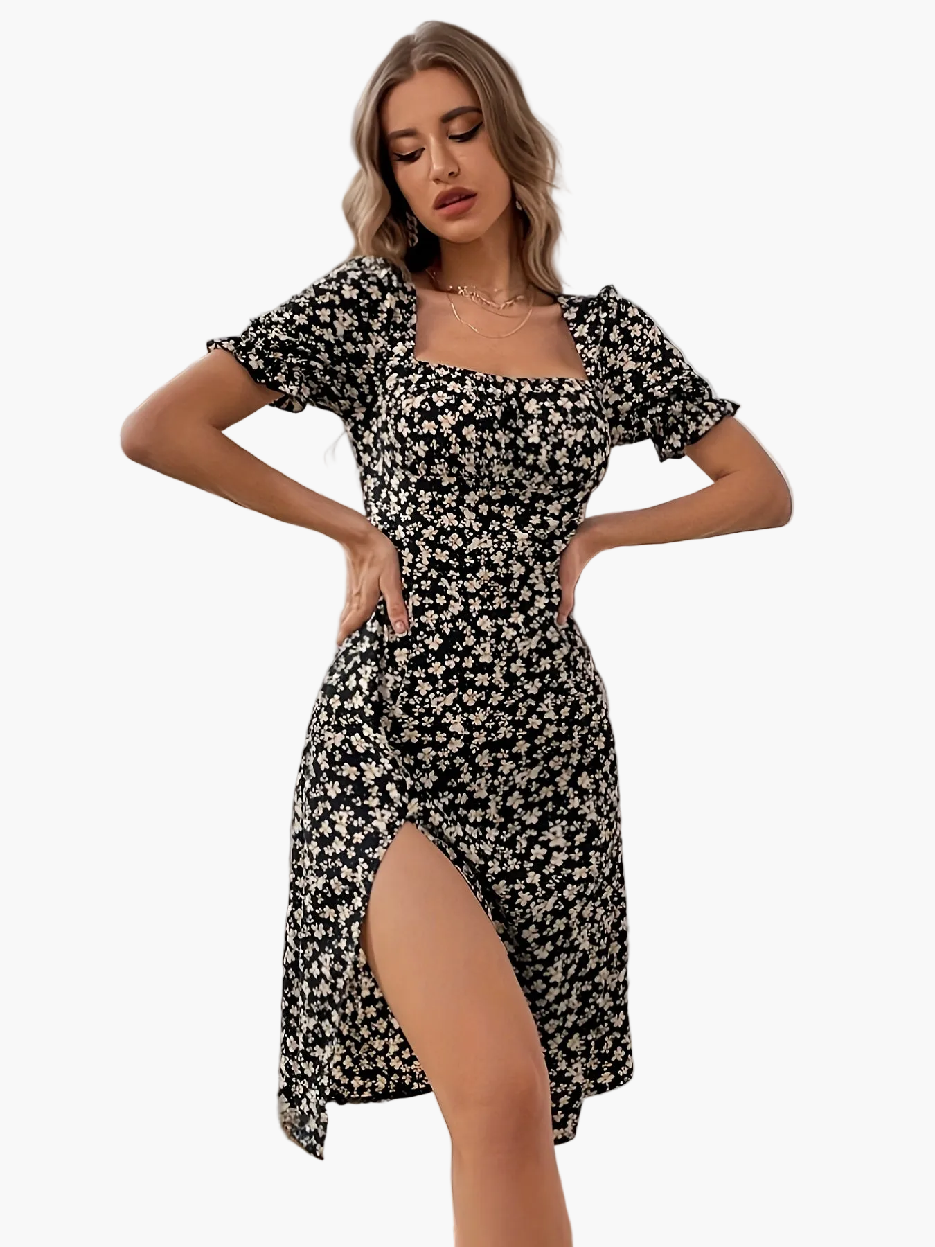 Elegancka letnia sukienka damska w kwiaty, z krótkimi rękawami, kwadratowym dekoltem, stylowa rozcięcie, casualowy styl