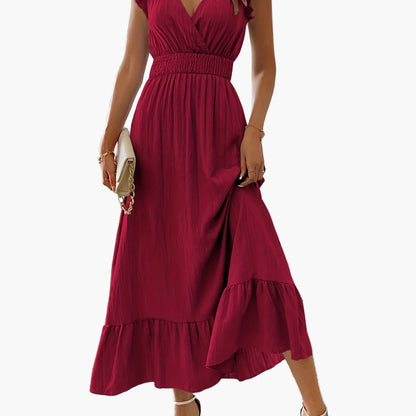 Abito lungo elegante da donna stile vacanze con maniche volant e vita arricciata