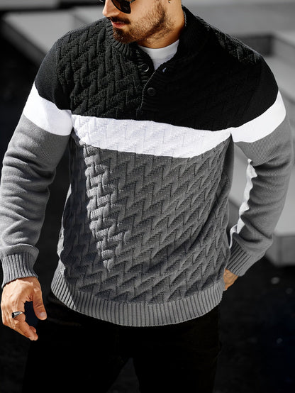 Pull homme tricoté à col montant boutonné rayé