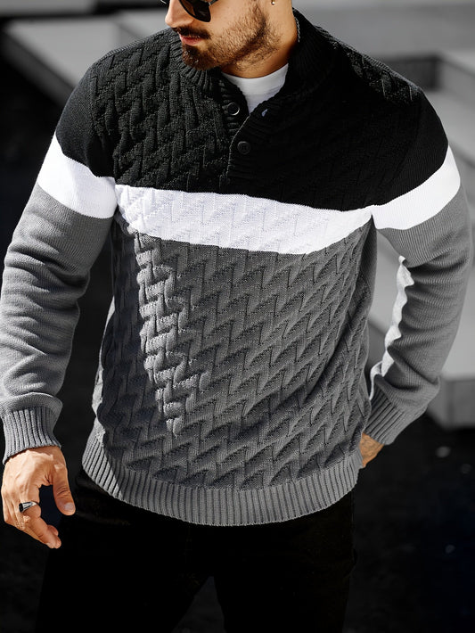 Pull homme tricoté à col montant boutonné rayé