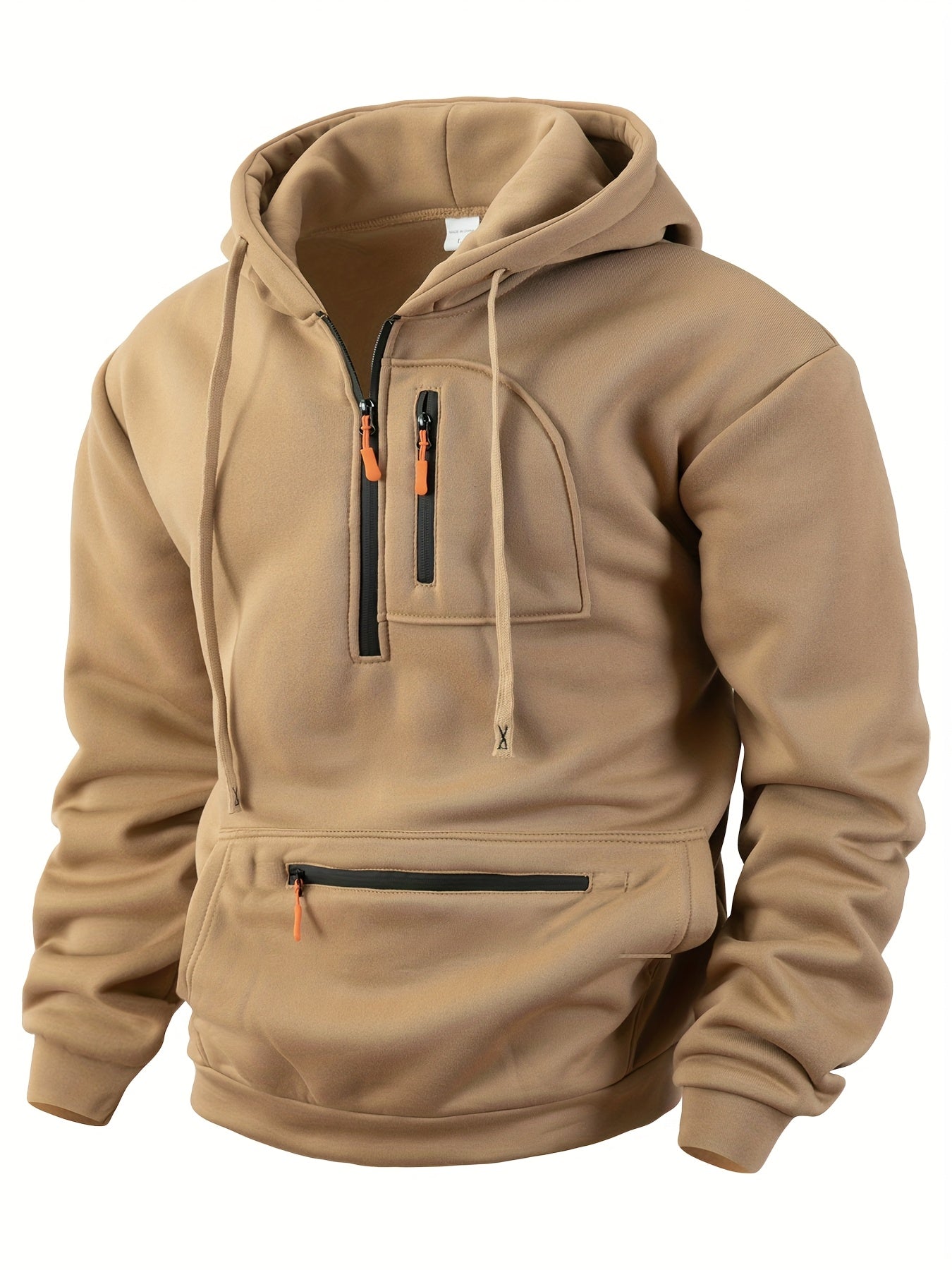 Sweat à Capuche Homme Mi-Zip avec Poches Zippées Devant Kaki