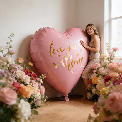 Kæmpe ballon formet som et hjerte med teksten 'Love You Mom' – Elegant dekoration til mors dag, kvinde
