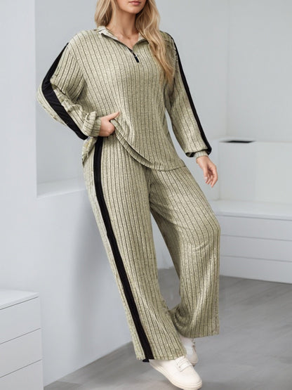 Ensemble côtelé Femme col zippé rayures latérales contrastantes