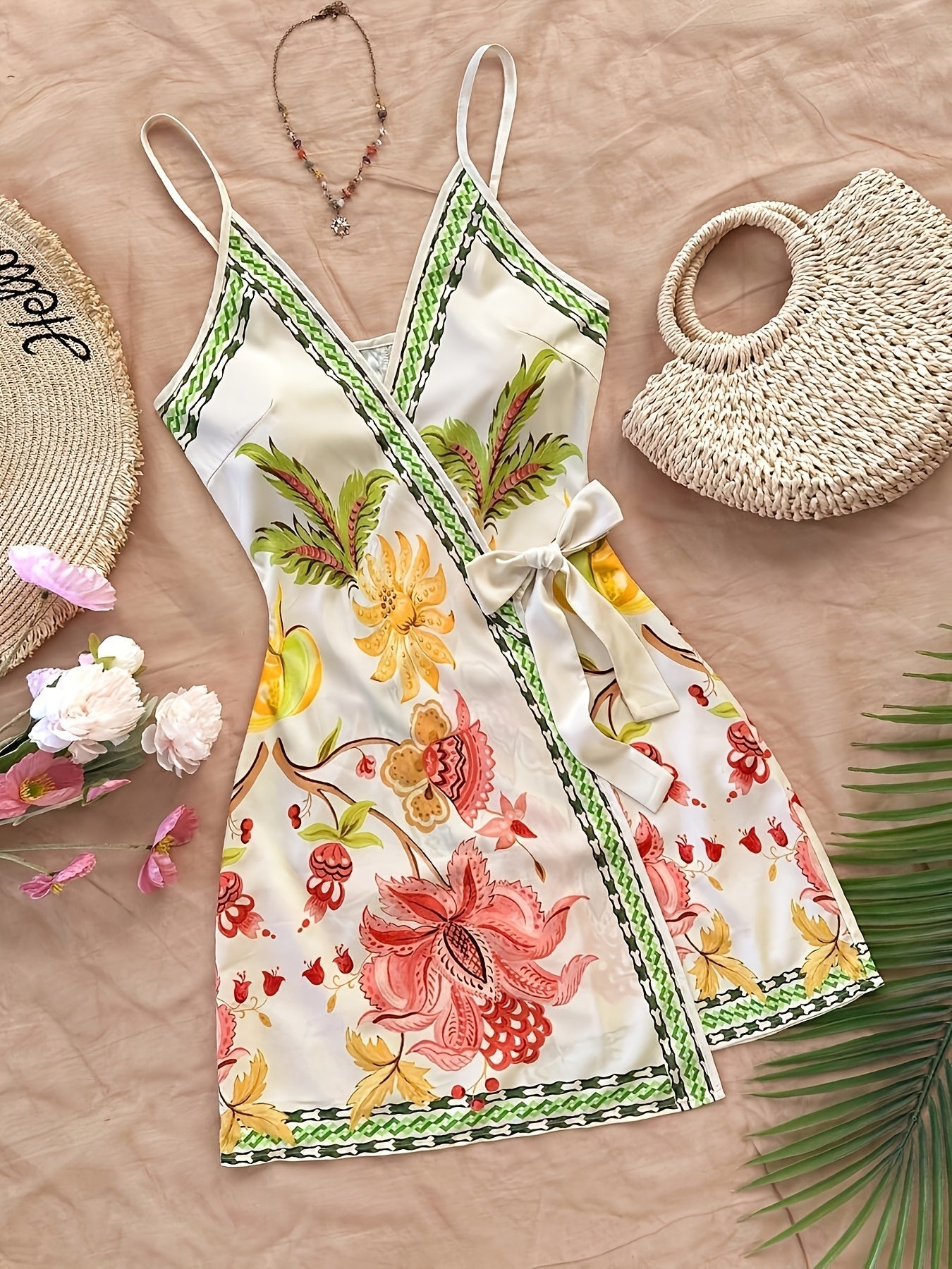 Abito portefeuille tropicale donna stile vacanze con stampa floreale e pappagallo